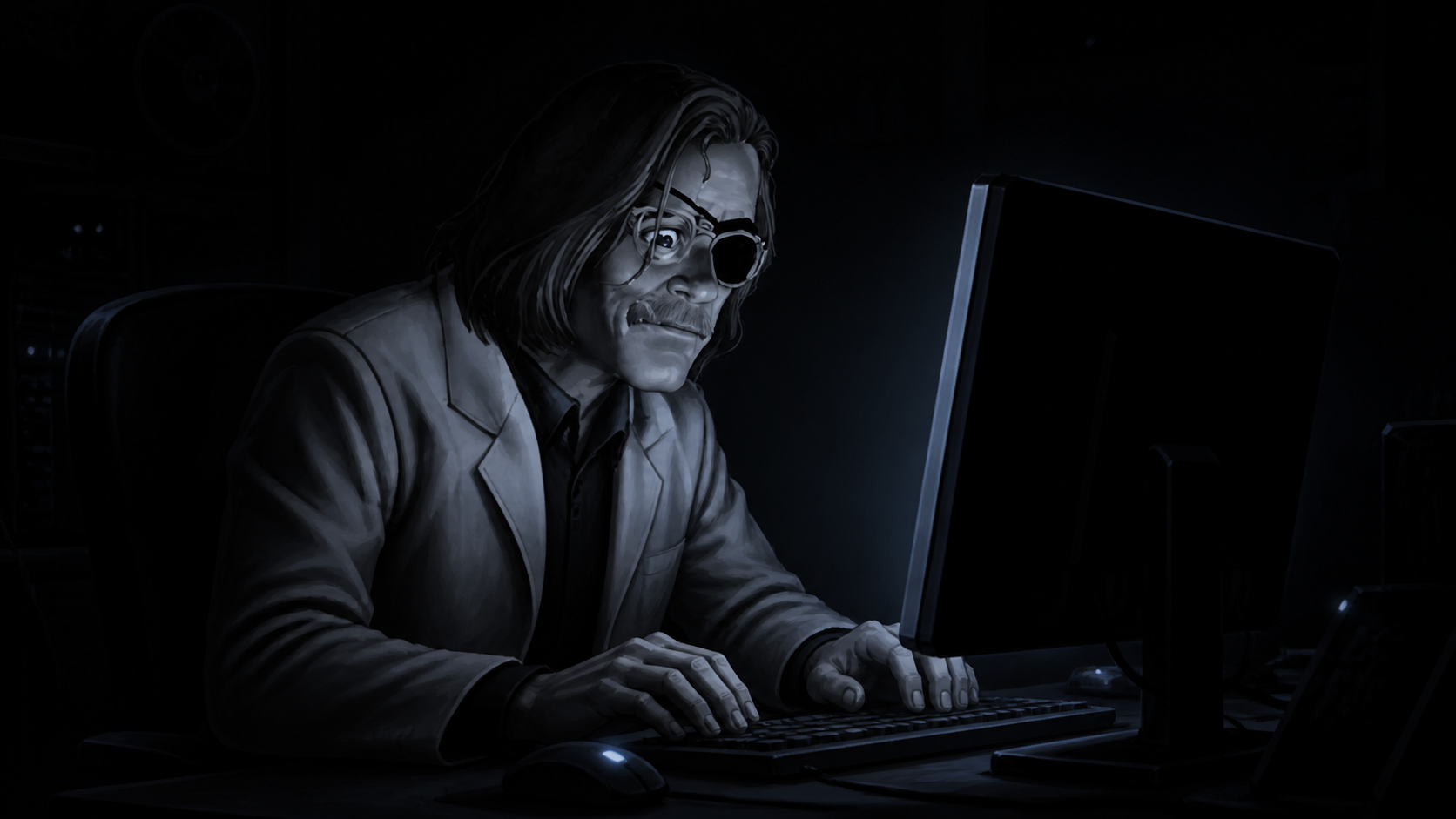 Axion seated at a computer in a dark room