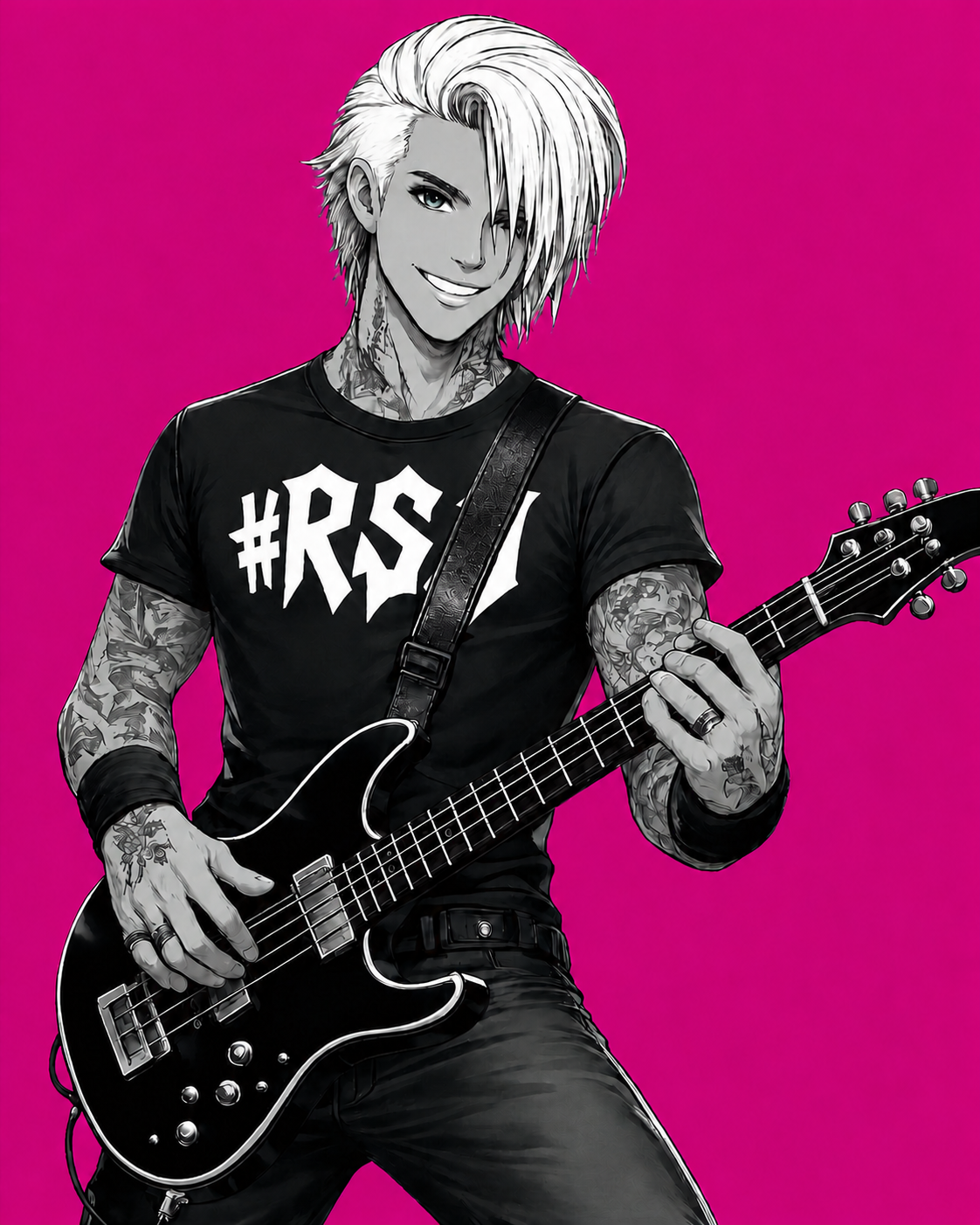 Jaxiel playing guitar wearing the #RSJ band shirt