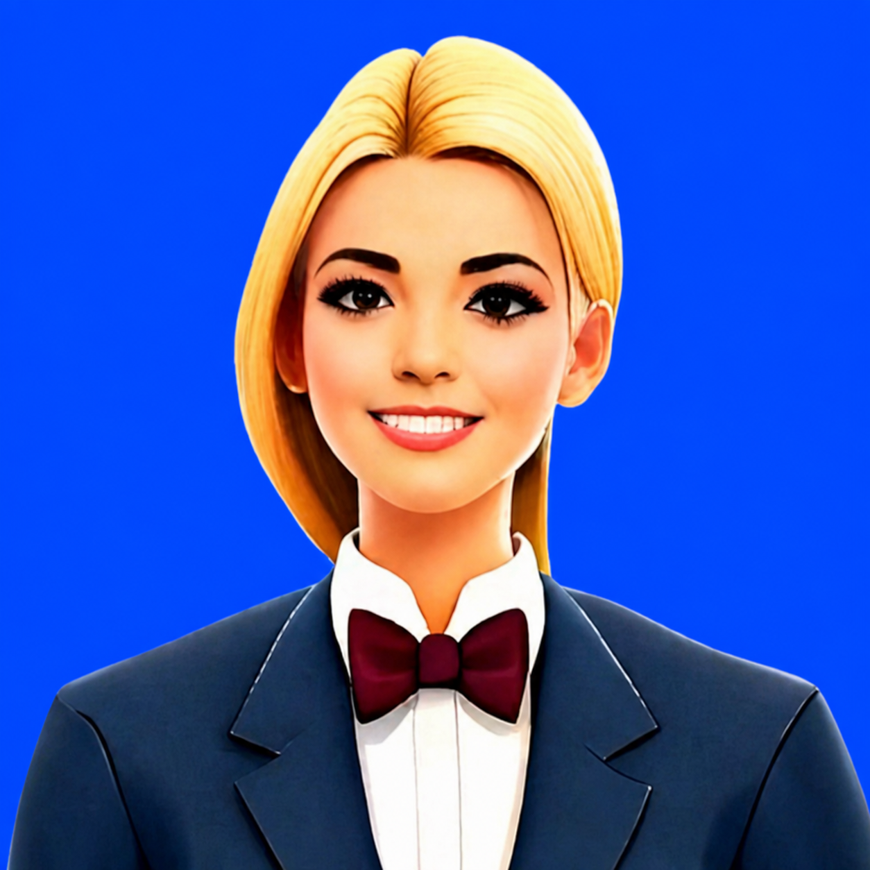 Isabella Ringing smiling in her navy suit and burgundy bow tie